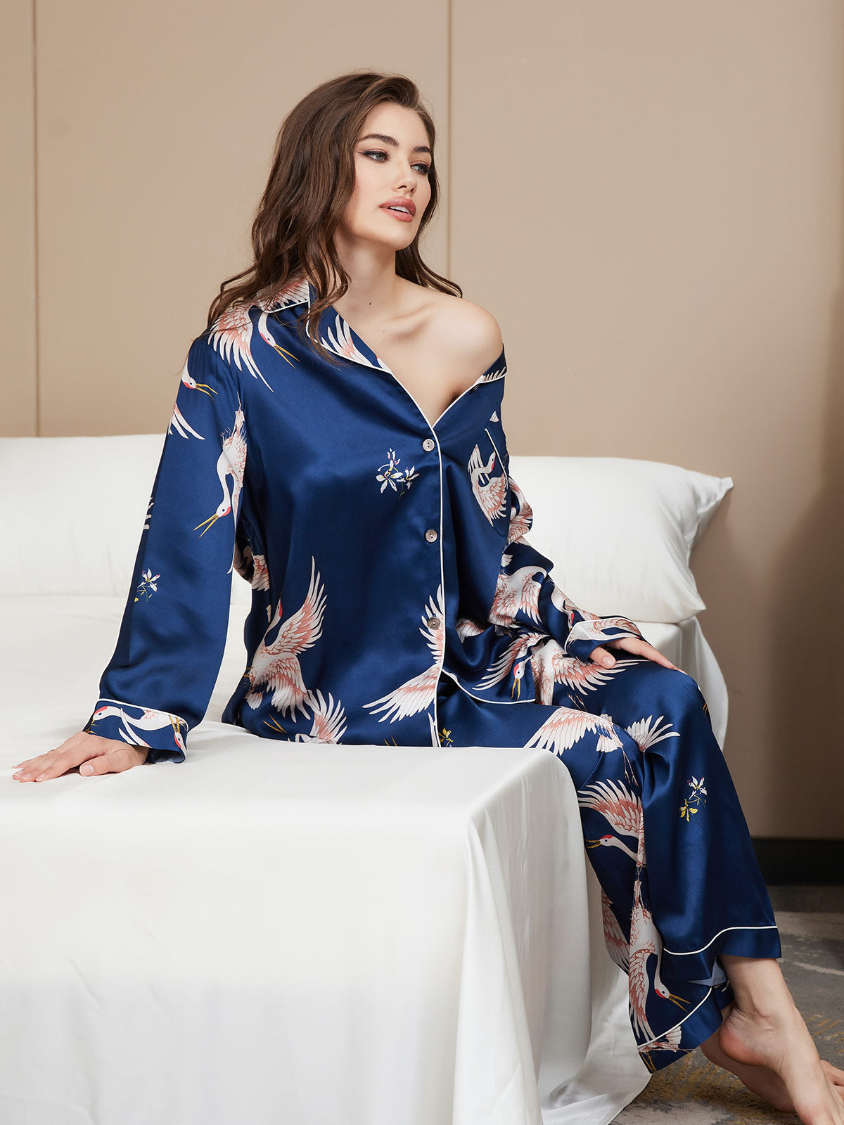 [Mörkblå] SilkSilky-SE Long Sleeve Lapel Collar Dam Pyjama 002
