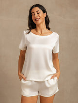 [Vit] SilkSilky-SE 19Momme Kort Ärm Rund Halsringning Dam Pyjama 001