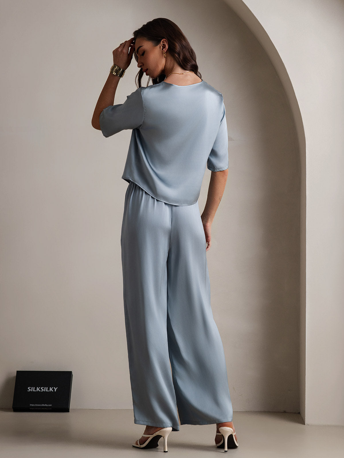 [Gråblå] SilkSilky-SE Rent Silke Womens Pajamas 002,