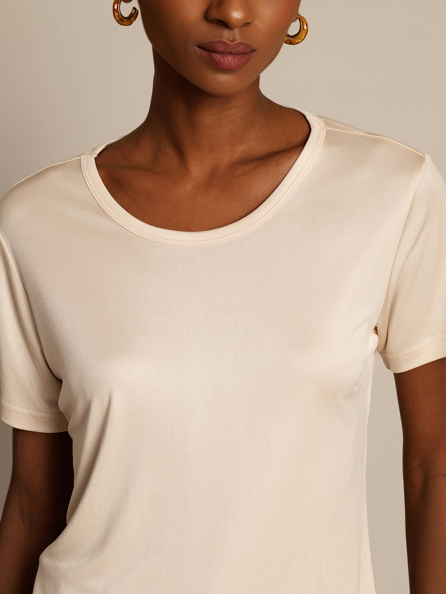[Beige] SilkSilky-SE Silke Stickad Womens T-Shirt 003,