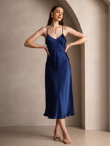 [Mörkblå] SilkSilky-SE Spaghetti Strap V Neck Klänning 004