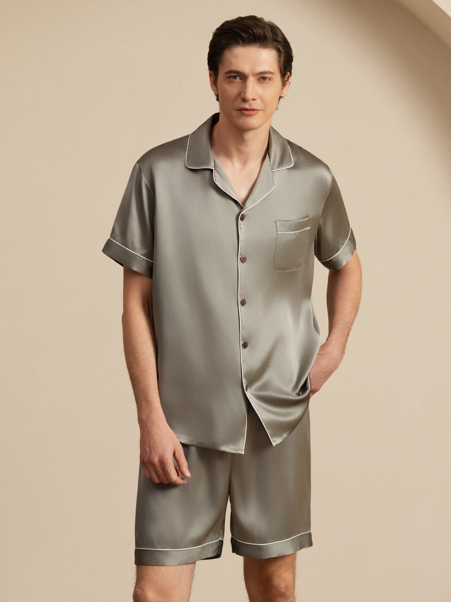 [Grågrön] SilkSilky-SE Kort Ärm Notchkrage Herr Pyjama 005