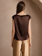 [Mörk Choklad] SilkSilky-SE Cap Sleeve Cowl Neck Dam T-Shirt 002