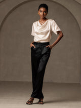 [Beige] SilkSilky-SE Short Sleeve Cowl Neck Damblusar 005