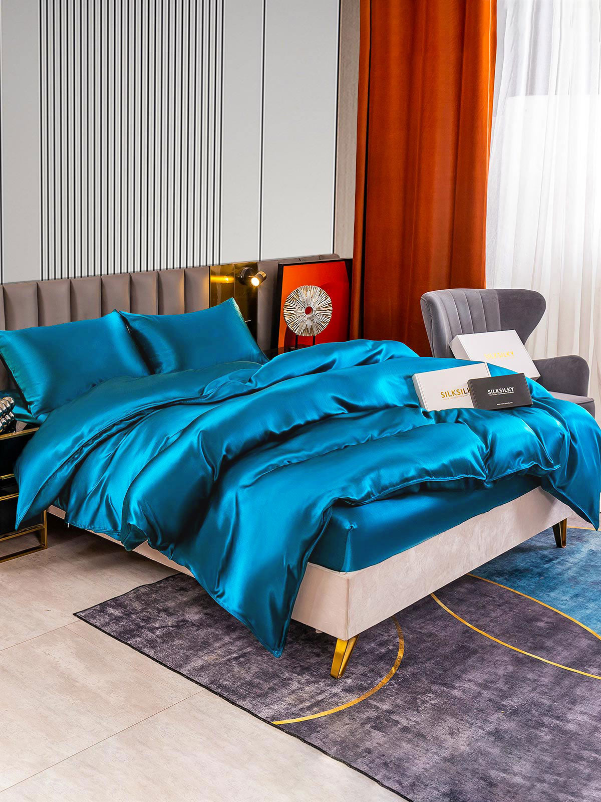 [Kungsblått] SilkSilky-SE 22Momme Rent Silke Bedding Set 003
