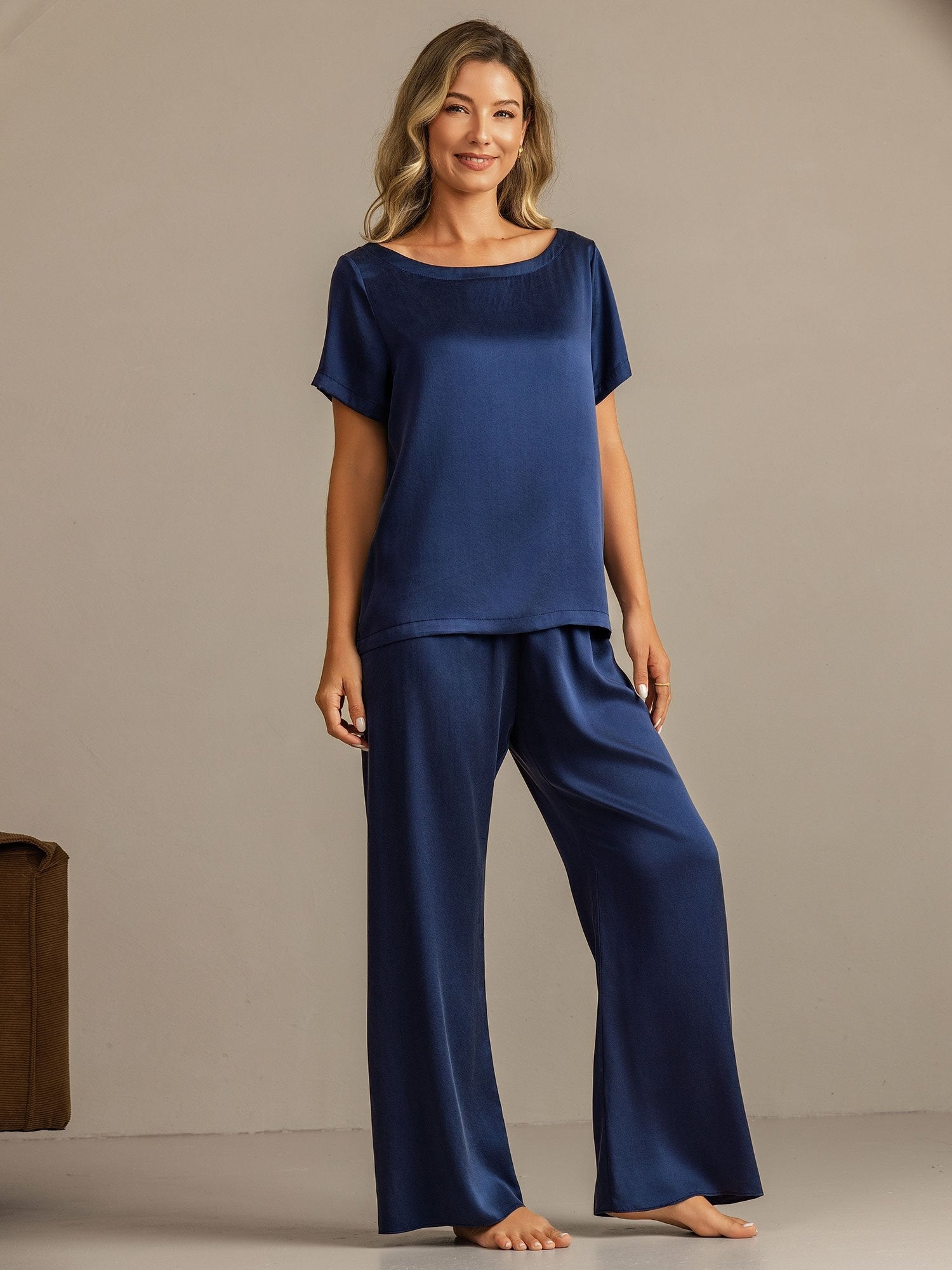 [Mörkblå] SilkSilky-SE 19Momme Silke Womens Pajamas 001