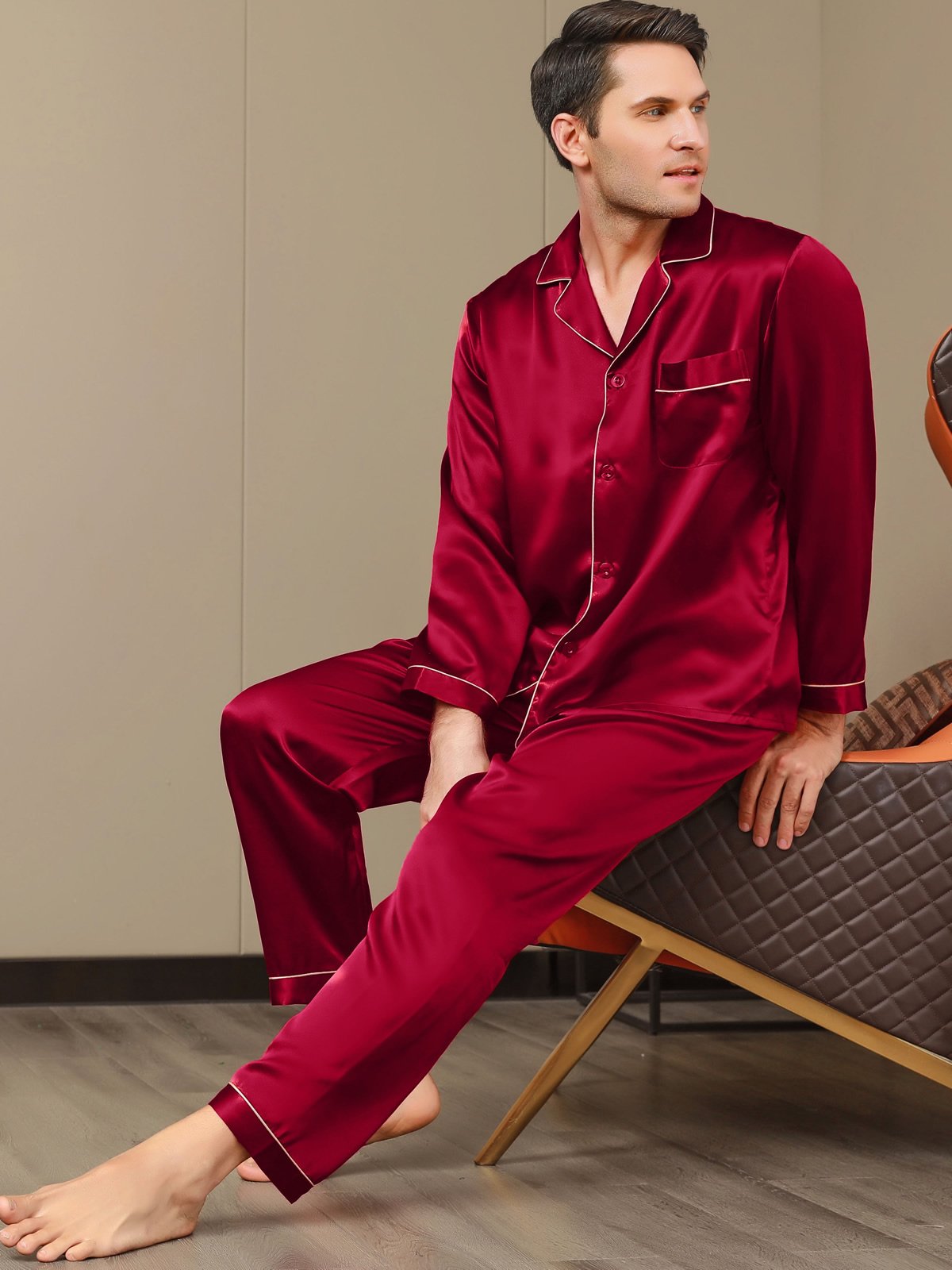 SilkSilky SE Rent Silke Lång Ärm Slag Herr Pyjama Vin 001