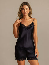 [Svart] SilkSilky-SE Spaghetti Strap V Neck Camisole Set 001