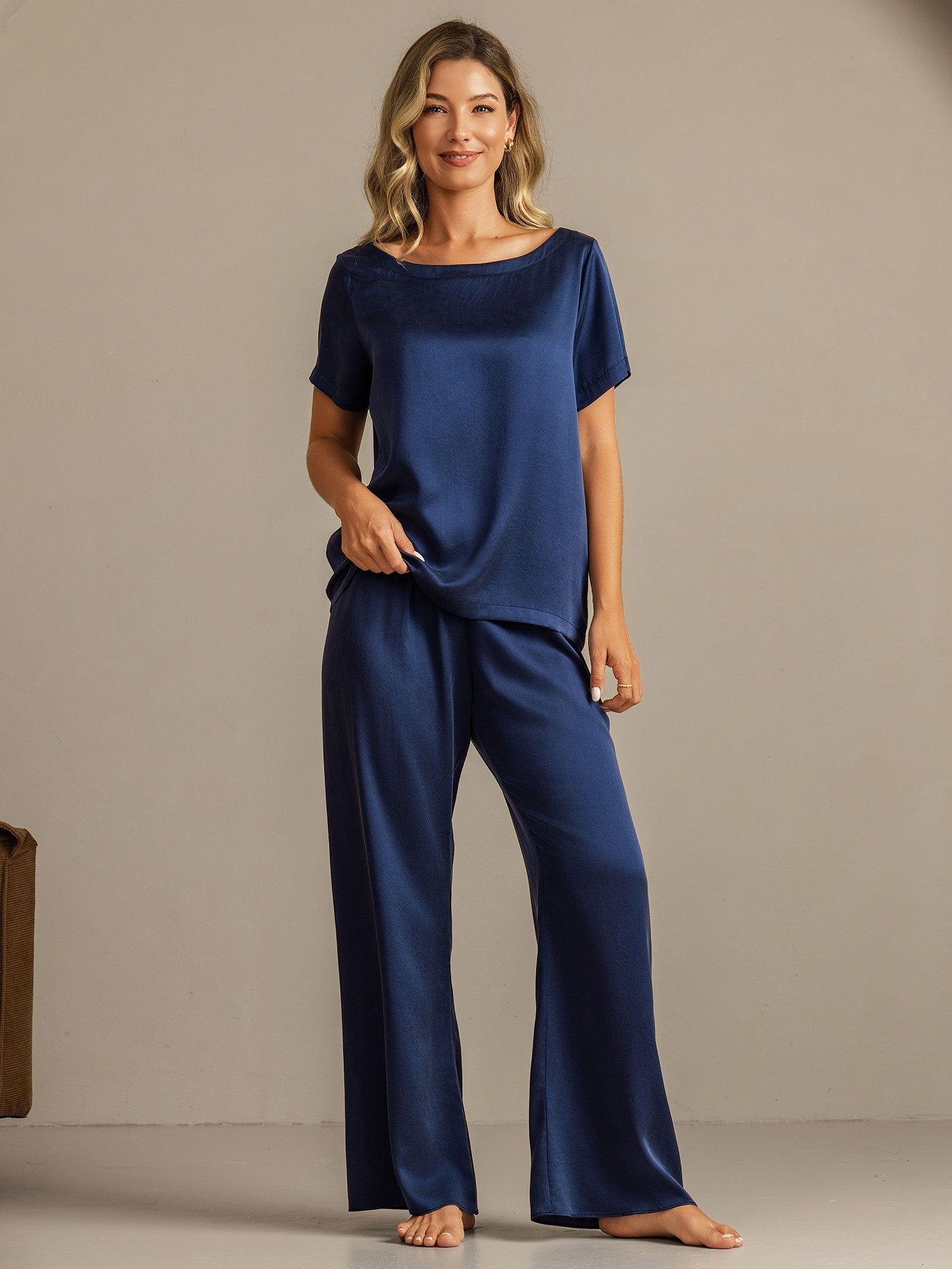[Mörkblå] SilkSilky-SE 19Momme Silke Womens Pajamas 004