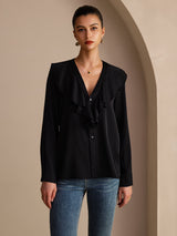 [Svart] SilkSilky-SE Long Sleeve Deep V Neck Damblusar 003