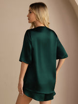 [Mörkgrön] SilkSilky-SE Short Sleeve Round Neck Dam Pyjama 002