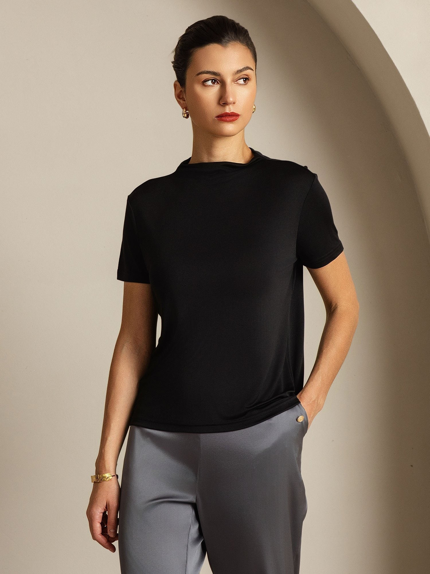 [Svart] SilkSilky-SE Rent Silke Krage Dam T-Shirt 008