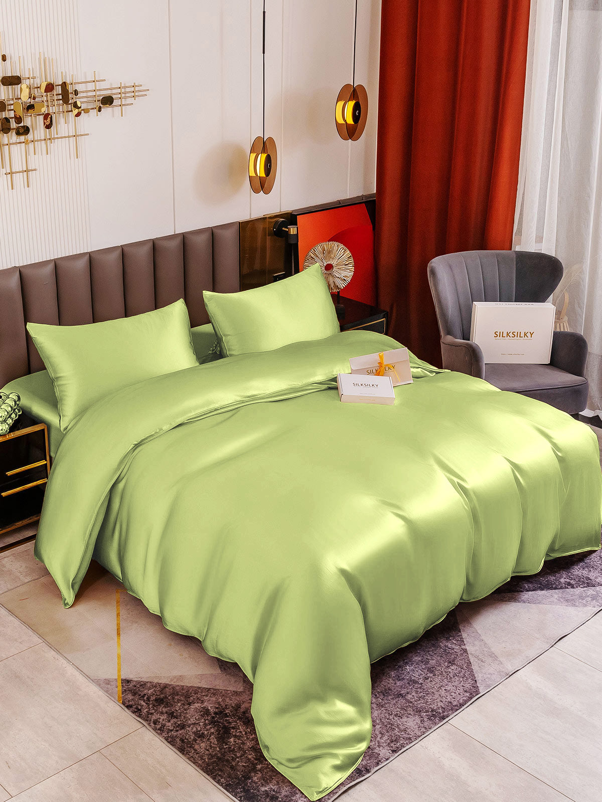 SilkSilky SE 19Momme Rent Silke Bedding Set Mintgrön 005