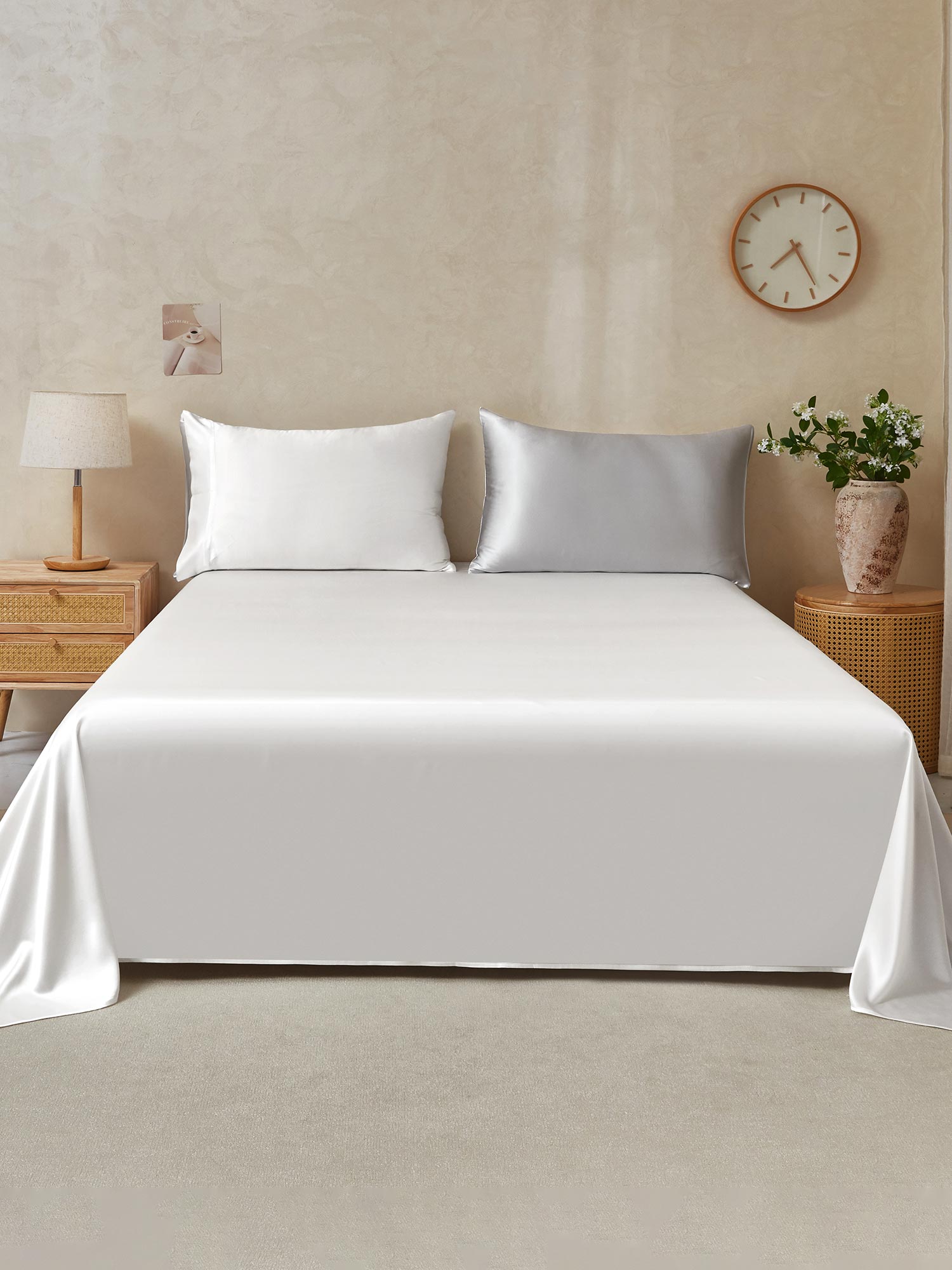 [Ljusgrå+Vit] SilkSilky-SE 25Momme Rent Silke Bedding Set 001,