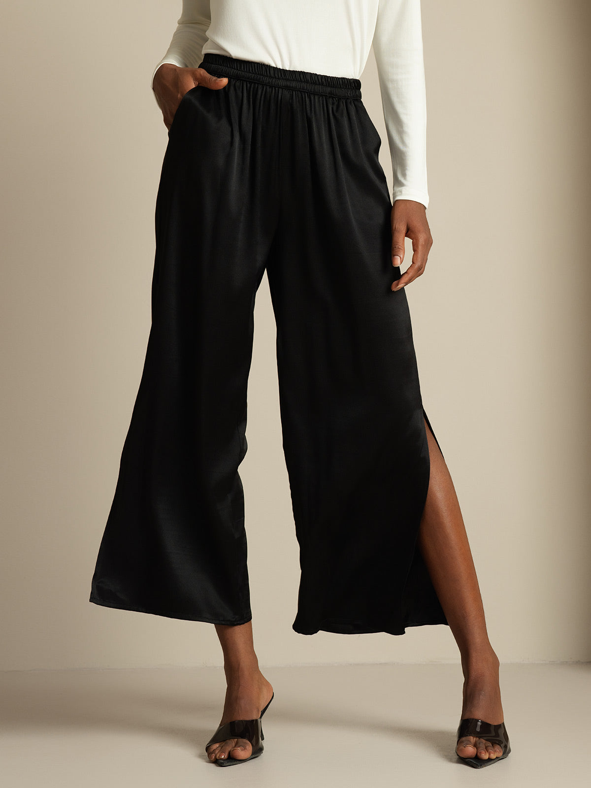 [Svart] SilkSilky-SE 19Momme Silke Womens Pants 001