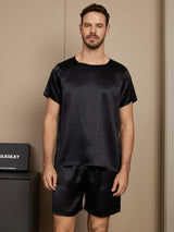 [Svart] SilkSilky-SE Rent Silke Kort Ärm Round Neck Herr Pyjama 001