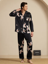 [Svart] SilkSilky-SE Long Sleeve Lapel Collar Herr Pyjama 007