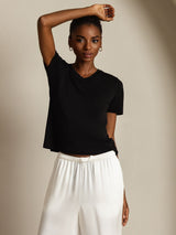 [Svart] SilkSilky-SE Short Sleeve V Neck Dam T-Shirt 005