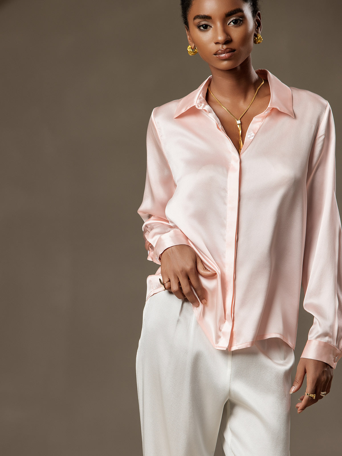 [Rosa] SilkSilky-SE 19Momme Silke Lapel Collar Damskjorta 003