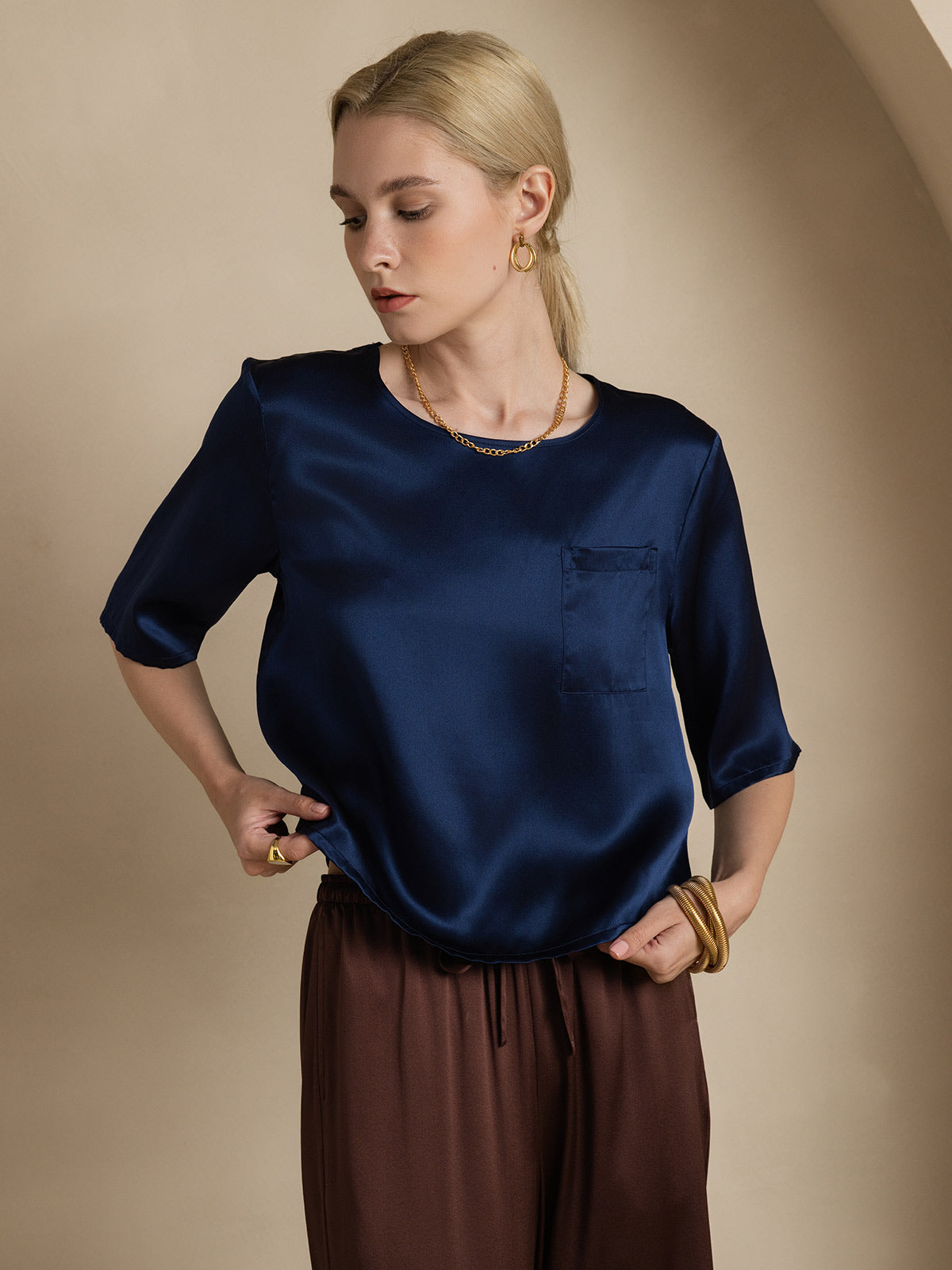 [Mörkblå] SilkSilky-SE Rent Silke Womens T-Shirt 005
