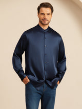 [Mörkblå] SilkSilky-SE Long Sleeve Stand Collar Herrskjorta 004