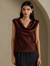 [Mörk Choklad] SilkSilky-SE Cap Sleeve Cowl Neck Dam T-Shirt 001