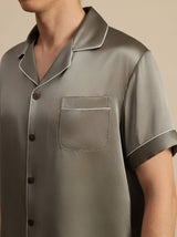[Grågrön] SilkSilky-SE Short Sleeve Lapel Collar Herr Pyjama 006