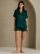 [Mörkgrön] SilkSilky-SE Short Sleeve Lapel Collar Dam Pyjama 007
