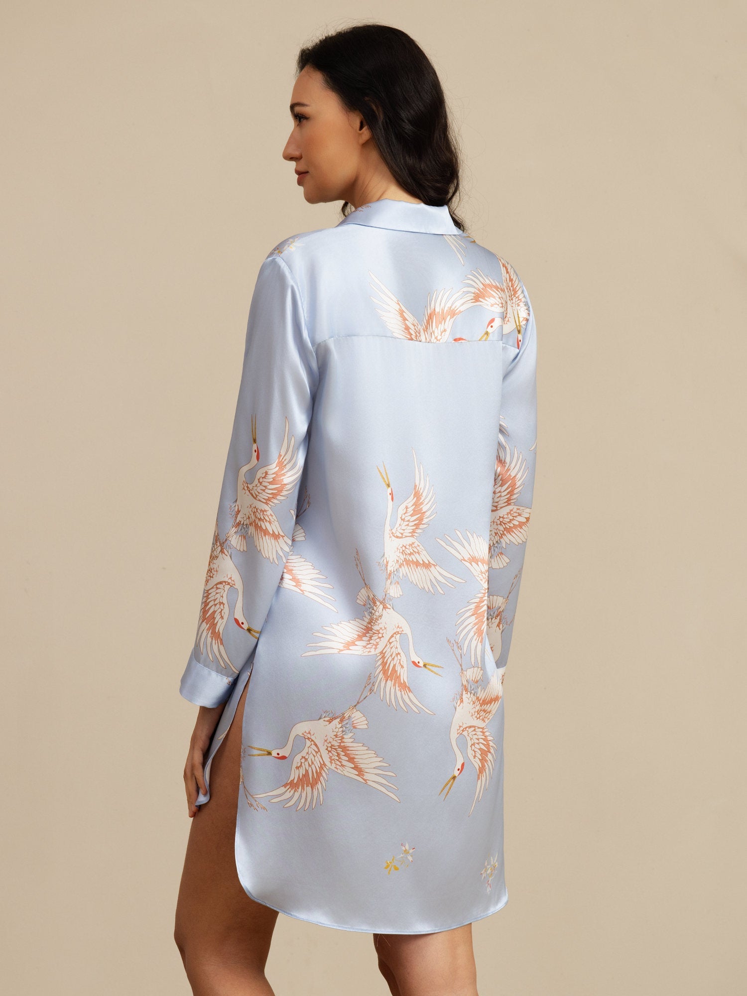 [Ljusblå] SilkSilky-SE 19Momme Lång Ärm Notchkrage Dam Sömnskjorta 002