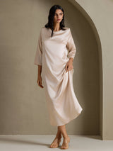 [Beige] SilkSilky-SE 3/4 Sleeve Round Neck Klänning 005