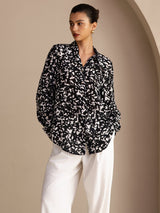 [Svart Prickig] SilkSilky-SE Long Sleeve Lapel Collar Blus 001