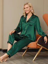 [Grön] SilkSilky-SE Long Sleeve Lapel Collar Dam Pyjama 005