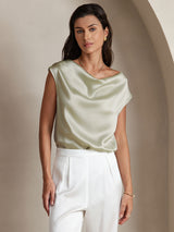 [Ljusgrön] SilkSilky-SE Cap Sleeve Cowl Neck Dam T-Shirt 001