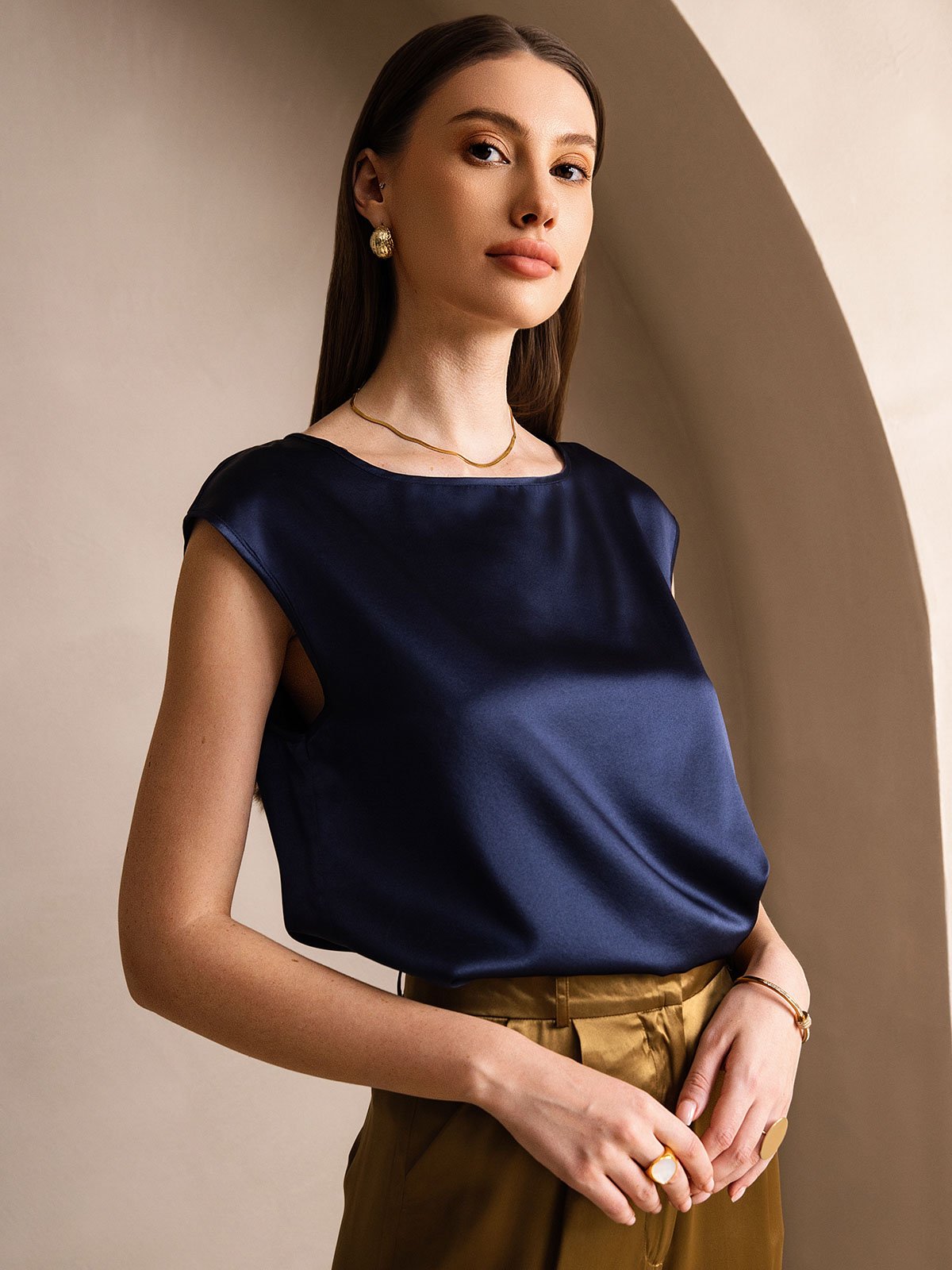 [Mörkblå] SilkSilky-SE 19Momme Silke Womens T-Shirt 003