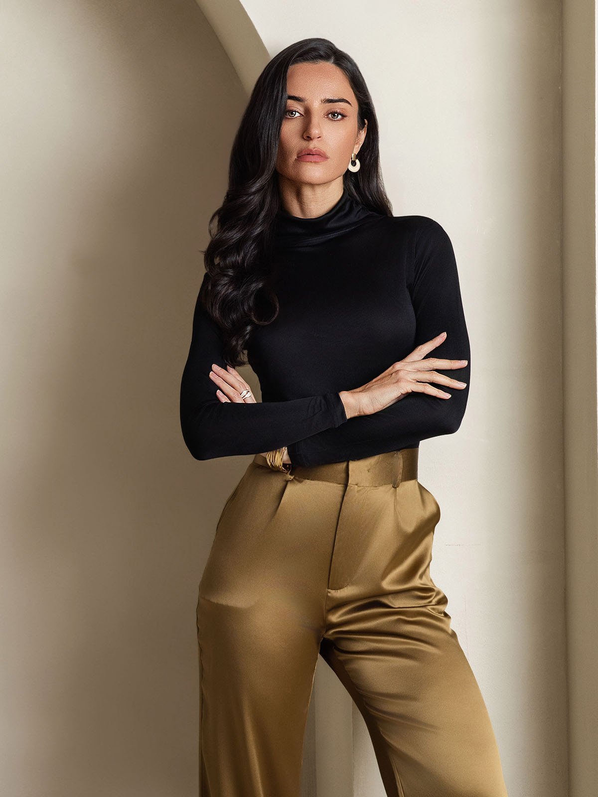 [Svart] SilkSilky-SE Lång Ärm Polotröja Dam T-Shirt 004