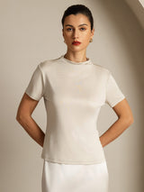 [Grå] SilkSilky-SE 100% Silk Jersey Short Sleeve Mock Neck Dam T-Shirt 001