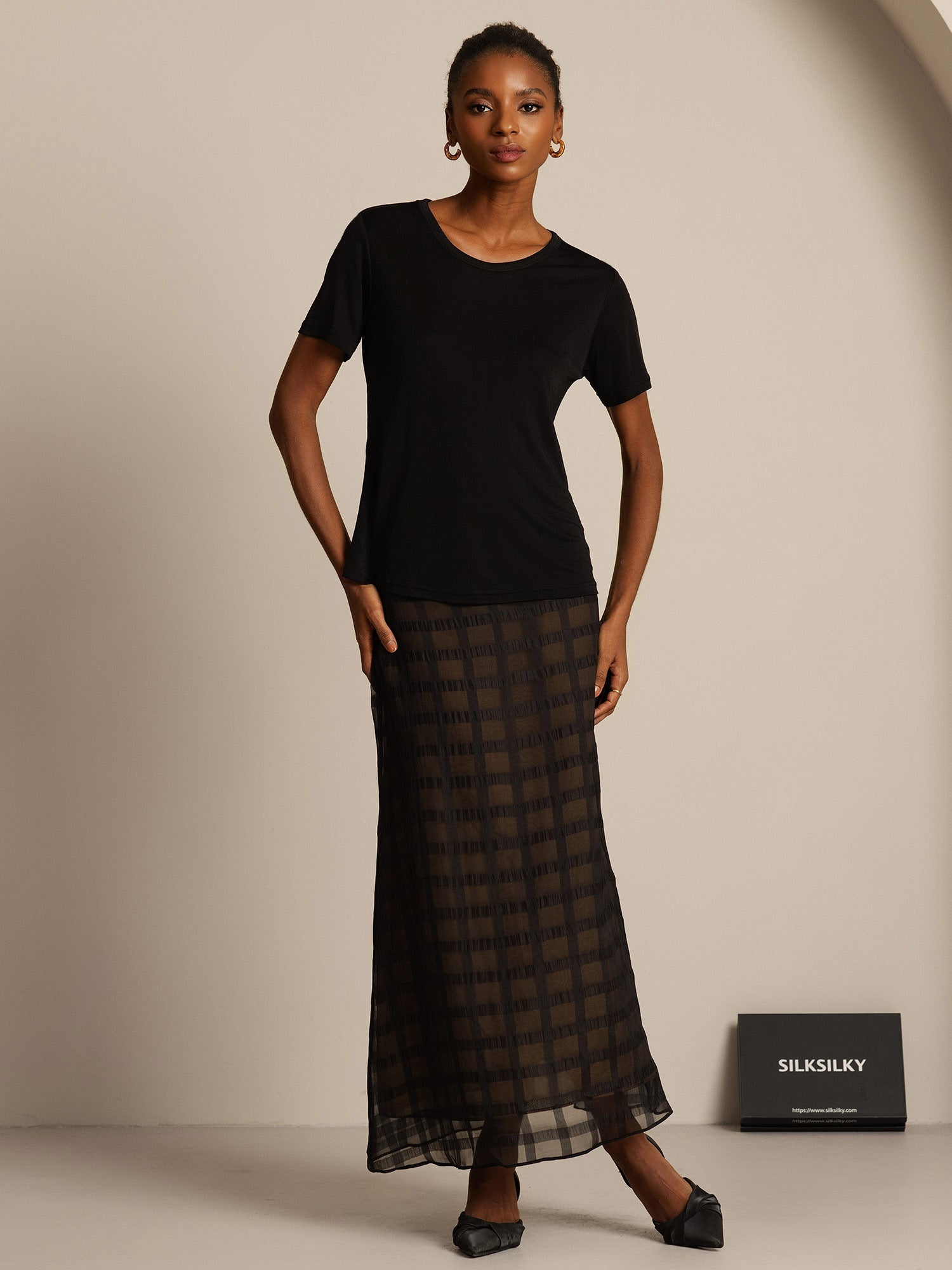 [Svart] SilkSilky-SE Silke Stickad Womens T-Shirt 006,