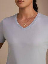 [Gråblå] SilkSilky-SE Short Sleeve V Neck Dam T-Shirt 004