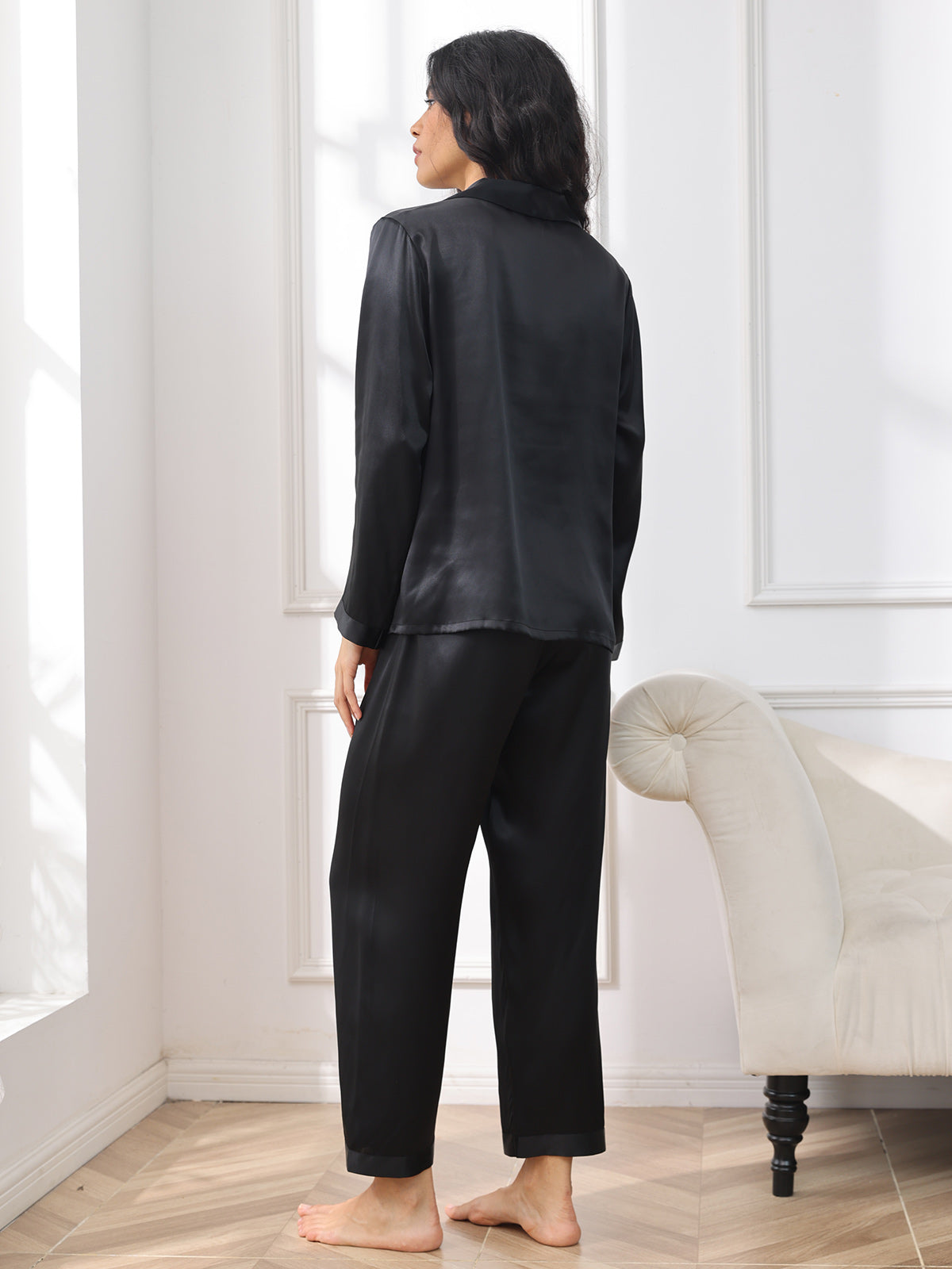 [Svart] SilkSilky-SE Rent Silke Womens Pajamas 002