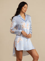 [Ljusblå] SilkSilky-SE Long Sleeve Lapel Collar Dam Sömnskjorta 001