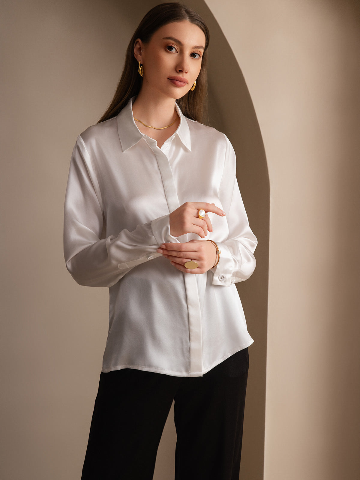 [Vit] SilkSilky-SE 19Momme Silke Lapel Collar Damskjorta 005