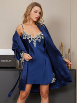 [Mörkblå] SilkSilky-SE 3/4 Sleeve V Neck Dam Nattlinne&Morgonrock Set 004