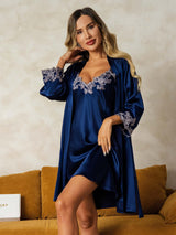 [Mörkblå] SilkSilky-SE 3/4 Sleeve V Neck Dam Nattlinne&Morgonrock Set 001