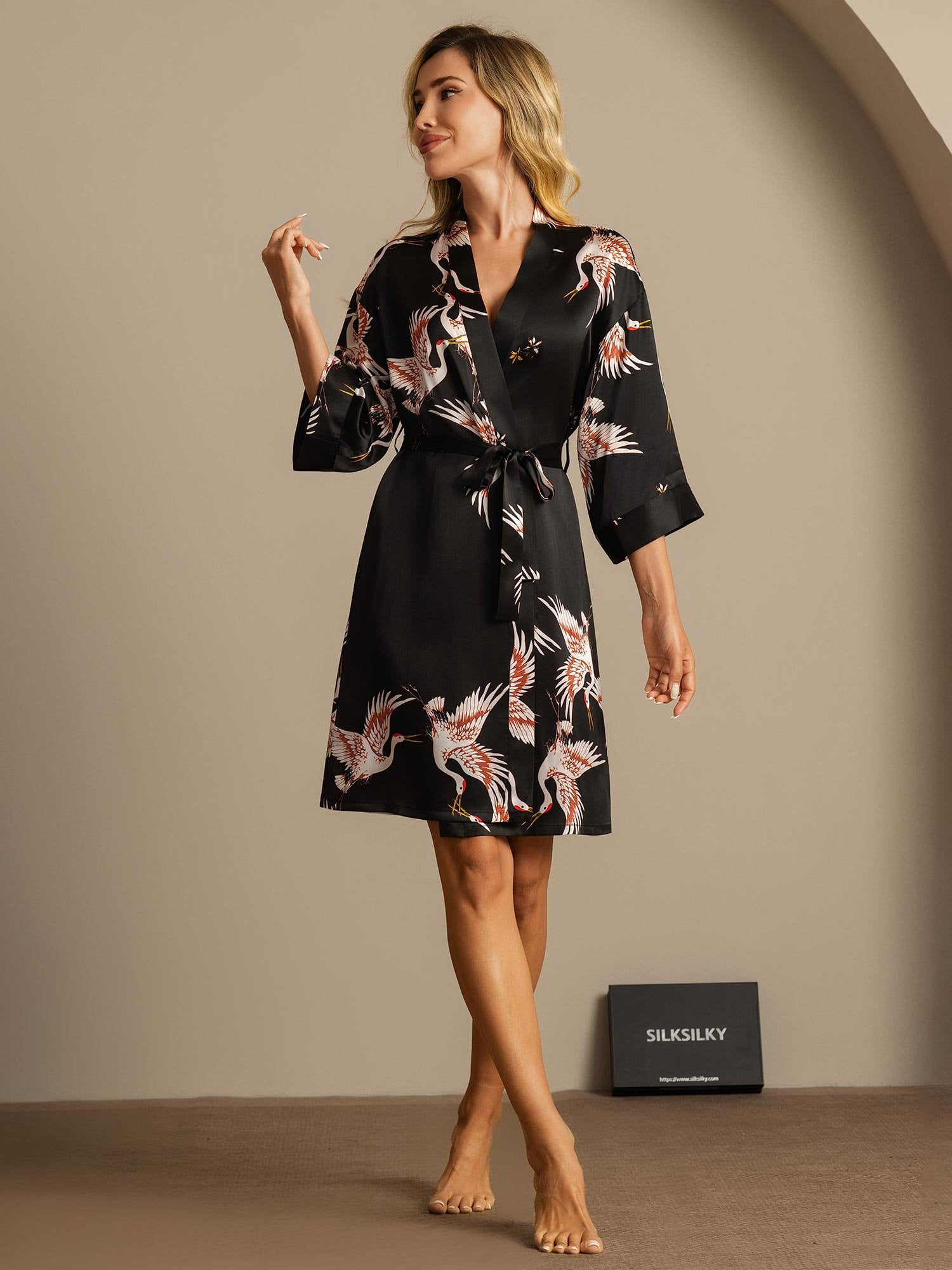 [Svart] SilkSilky-SE 19Momme Rent Silke Womens Robe 005