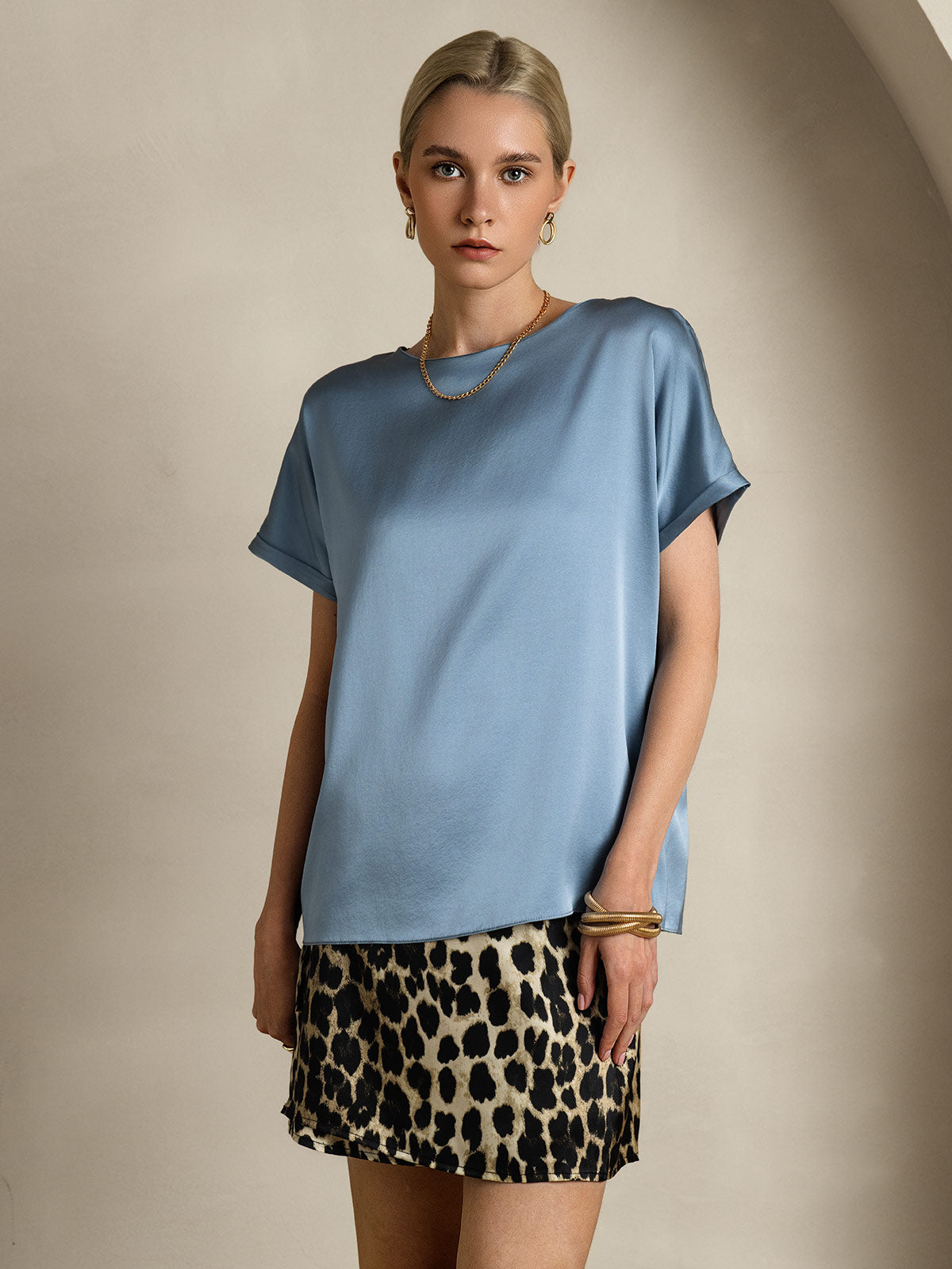 [Gråblå] SilkSilky-SE 19Momme Silke Womens T-Shirt 003