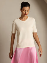 [Beige] SilkSilky-SE Kort Ärm V Ringning Dam T-Shirt 005