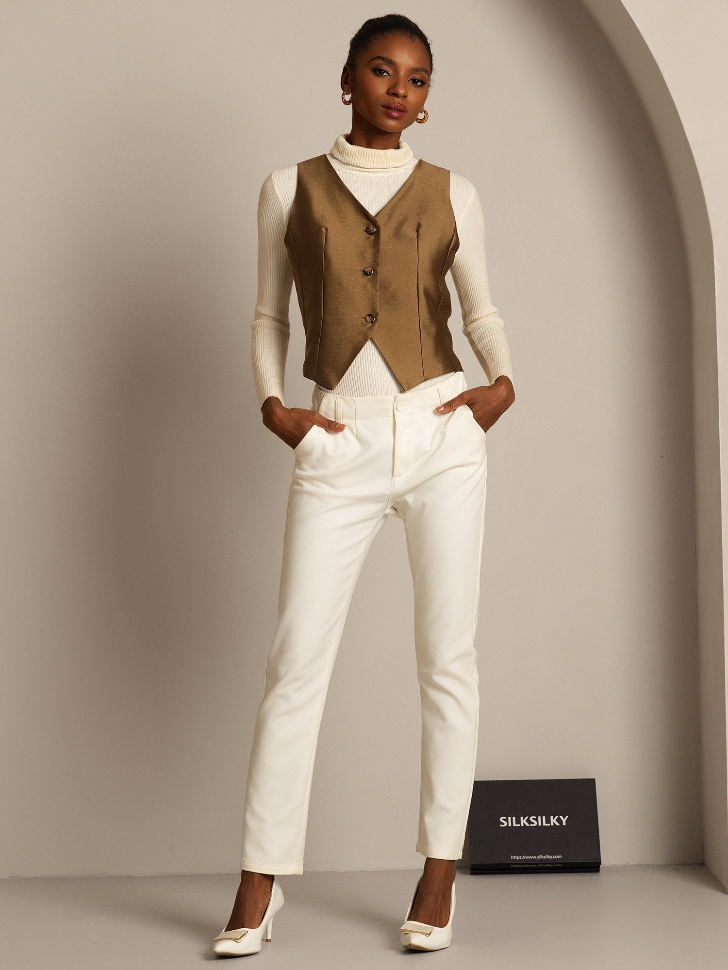 [Brons] SilkSilky-SE 32Momme Silk-Wool Blend Womens Vest 007,