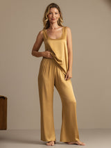 [Tan] SilkSilky-SE 19Momme Ärmlös Djup Rund Halsringning Dam Pyjama 003
