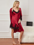 SilkSilky SE Rent Silke 3/4 Ärm Nightgown&Robe Set Mörkröd 004