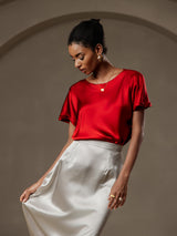[Vin] SilkSilky-SE 19Momme Kort Ärm Båtringad Dam T-Shirt 005